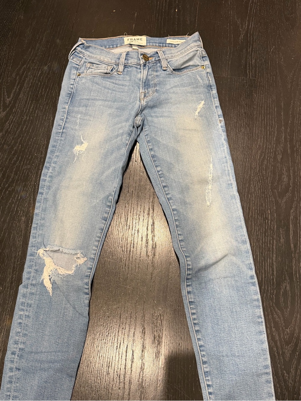 Frame Denim Light Wash Skinny Jeans with Distressed Knees